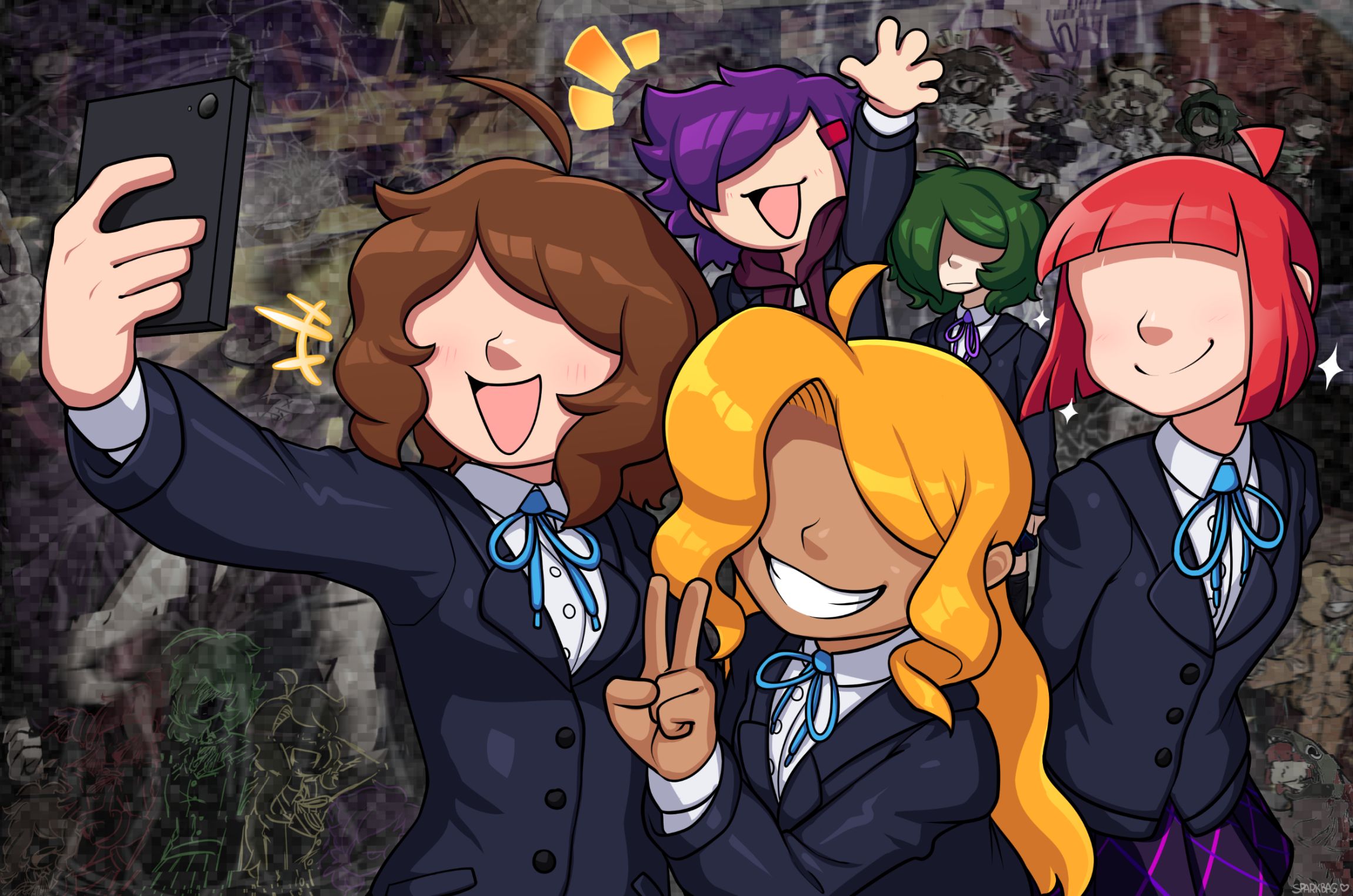 The five anime high school girls from MetaWare High School (Demo) taking a selfie. Behind them is a faint corrupted collage of previous MetaWare art and sketches.